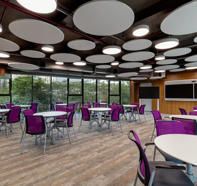 Workspace interior with acoustic ceiling design