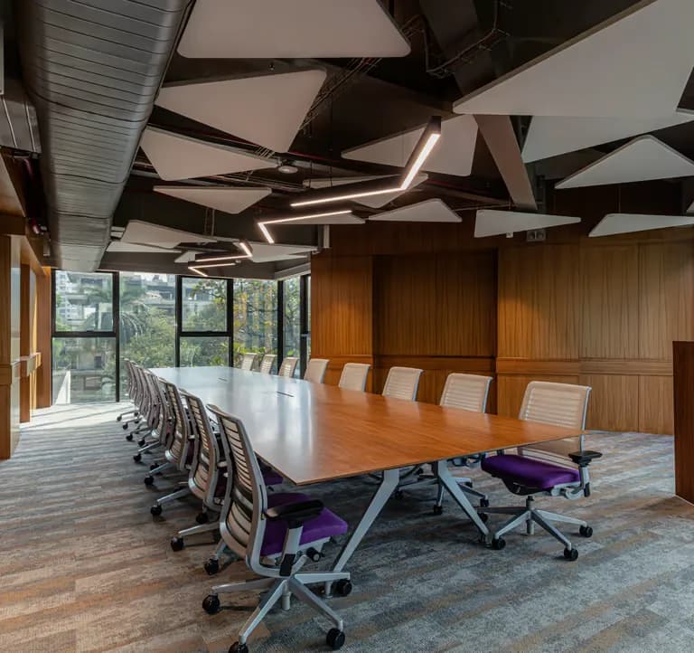 Workspace interior with acoustic ceiling design