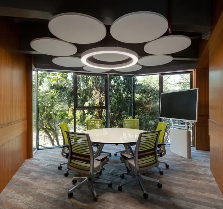 Workspace interior with acoustic ceiling design
